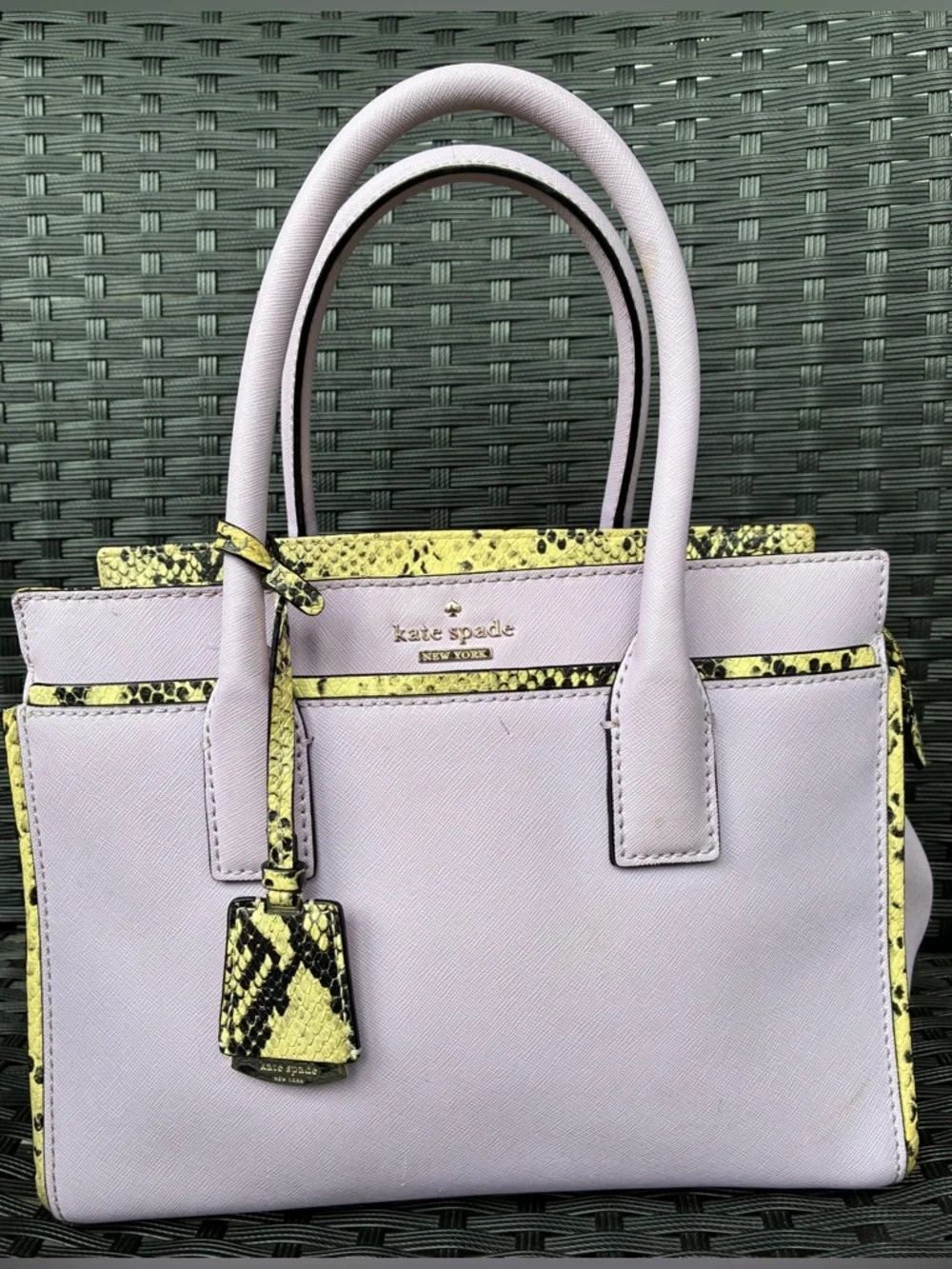 kate spade lilac satchel with yellow snake-print trim